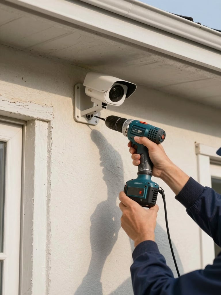 Technician hands mounting a small security camera bracket on an exterior wall corner, drill in one hand and cable in the other, real residential home facade with peeling paint visible, morning light casting a short shadow