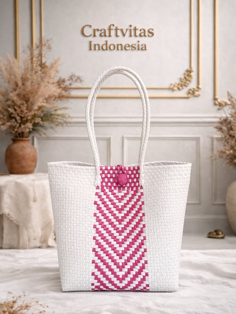 Tas anyaman plastik handmade warna putih dan pink motif chevron ramah lingkungan dari Craftvitas Indonesia