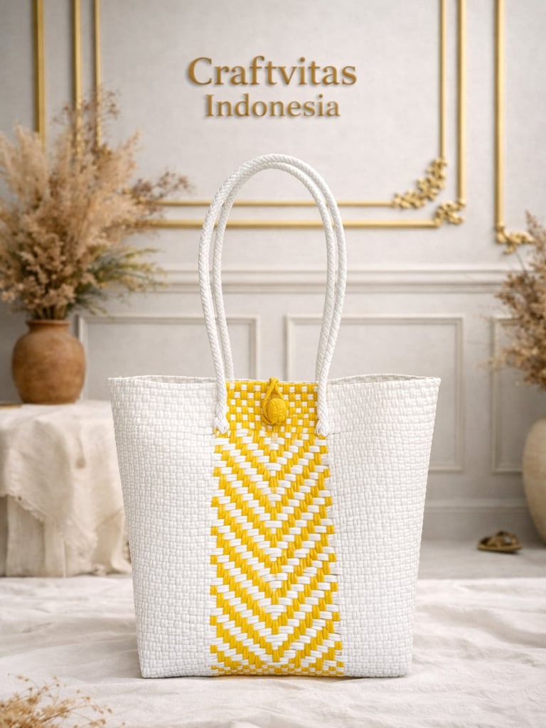 Tas anyaman plastik handmade warna putih dan kuning dengan motif chevron ramah lingkungan dari Craftvitas Indonesia