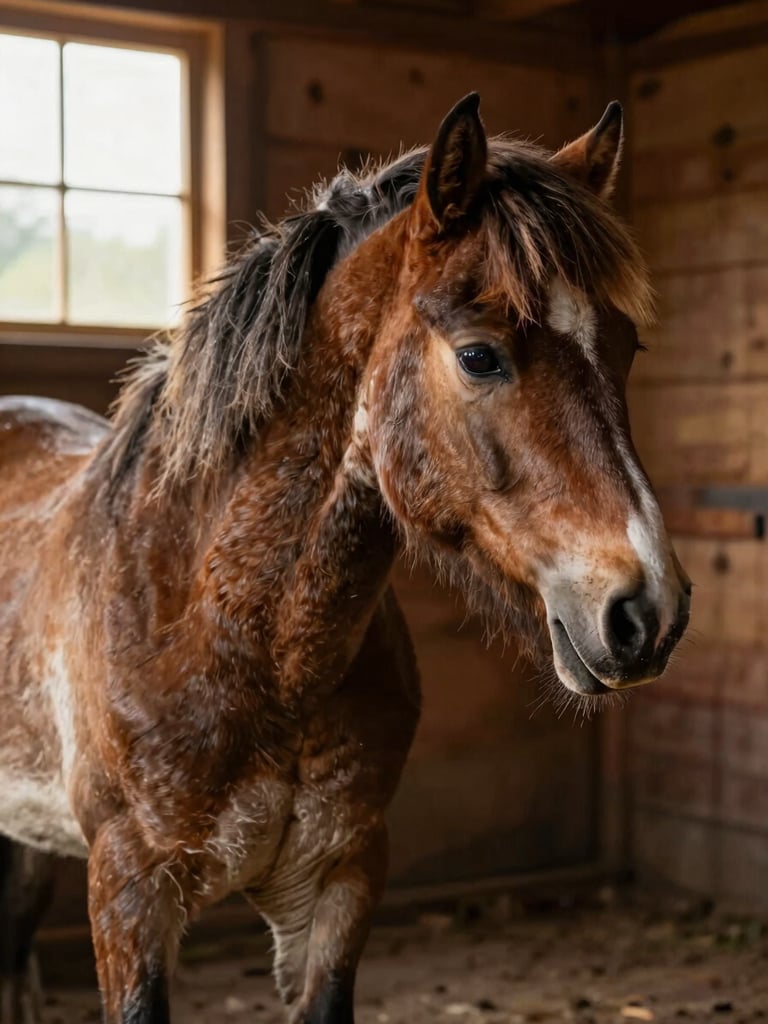 Un jeune cavalier brossant délicatement l'encolure d'un poney Shetland dans une écurie en bois chaleureuse, lumière naturelle douce de fin d'après-midi.