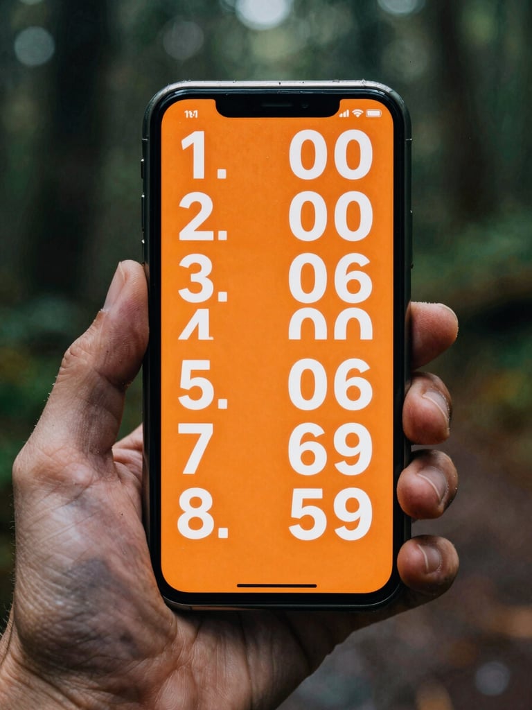 Close-up of a weathered hand holding a rugged smartphone displaying a bright orange screen with oversized white text showing latitude and longitude coordinates, rainy forest background.