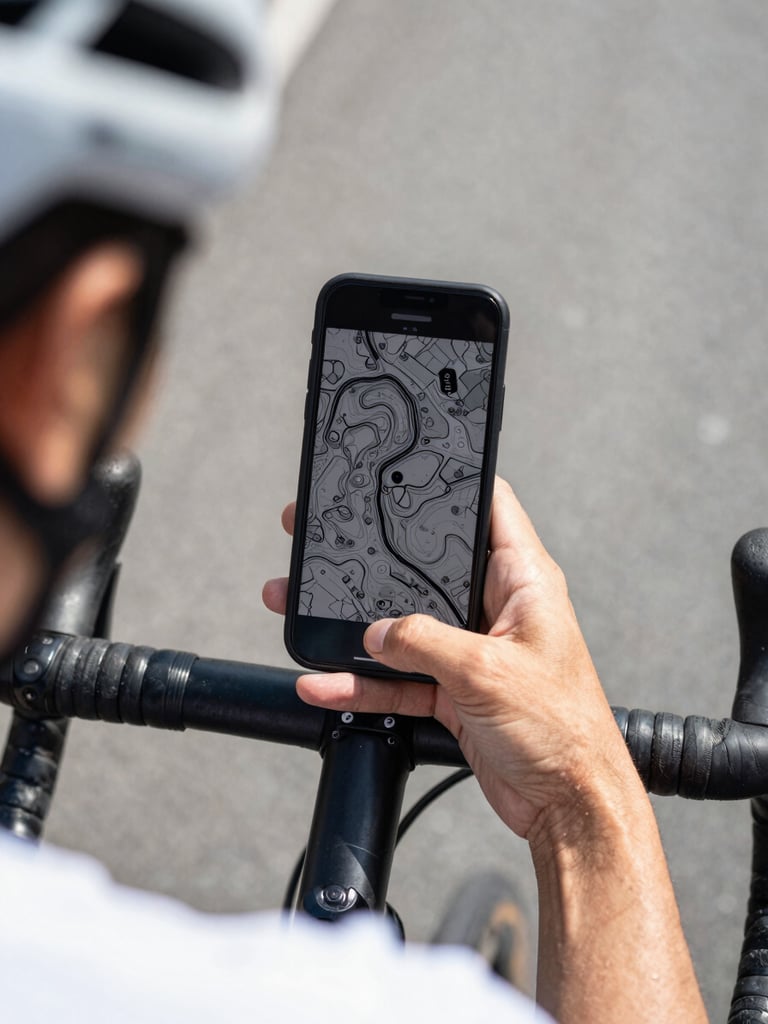 Over-the-shoulder shot of a cyclist's handlebar mount holding a phone displaying a simple, ultra-high-contrast black and white topographic map under direct, harsh midday sunlight.
