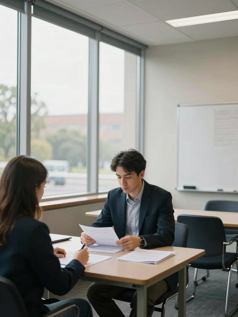 Wide campus interview room, a hiring manager seated across a table from a student reviewing documents, natural daylight from tall office windows, medium shot showing both figures at task, institutional setting with a whiteboard visible in background