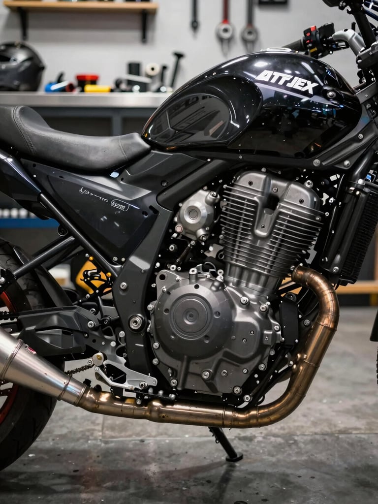 Interior of a precise motorcycle showroom, close-up of a bike's engine block and exhaust header under cool white showroom lighting, tools arranged on a steel workbench visible in background, industrial and technical atmosphere, no people