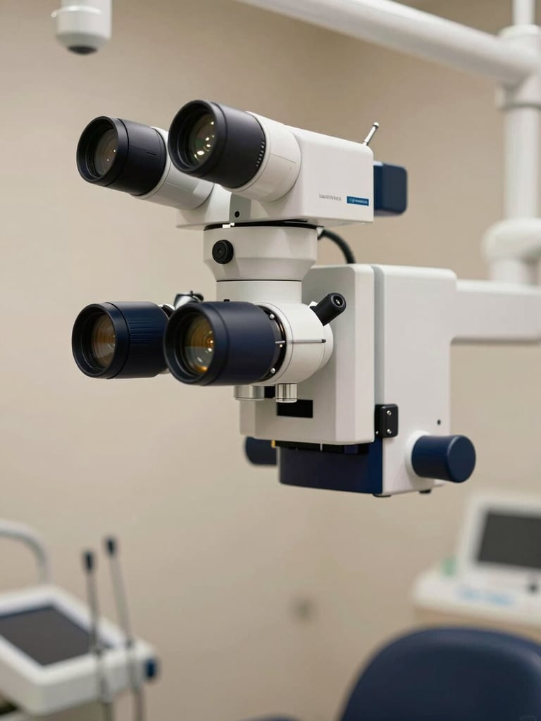 Editorial luxury photography of a high-end dental microscope in a serene clinic environment, soft diffused side-lighting, crisp white and navy tones.