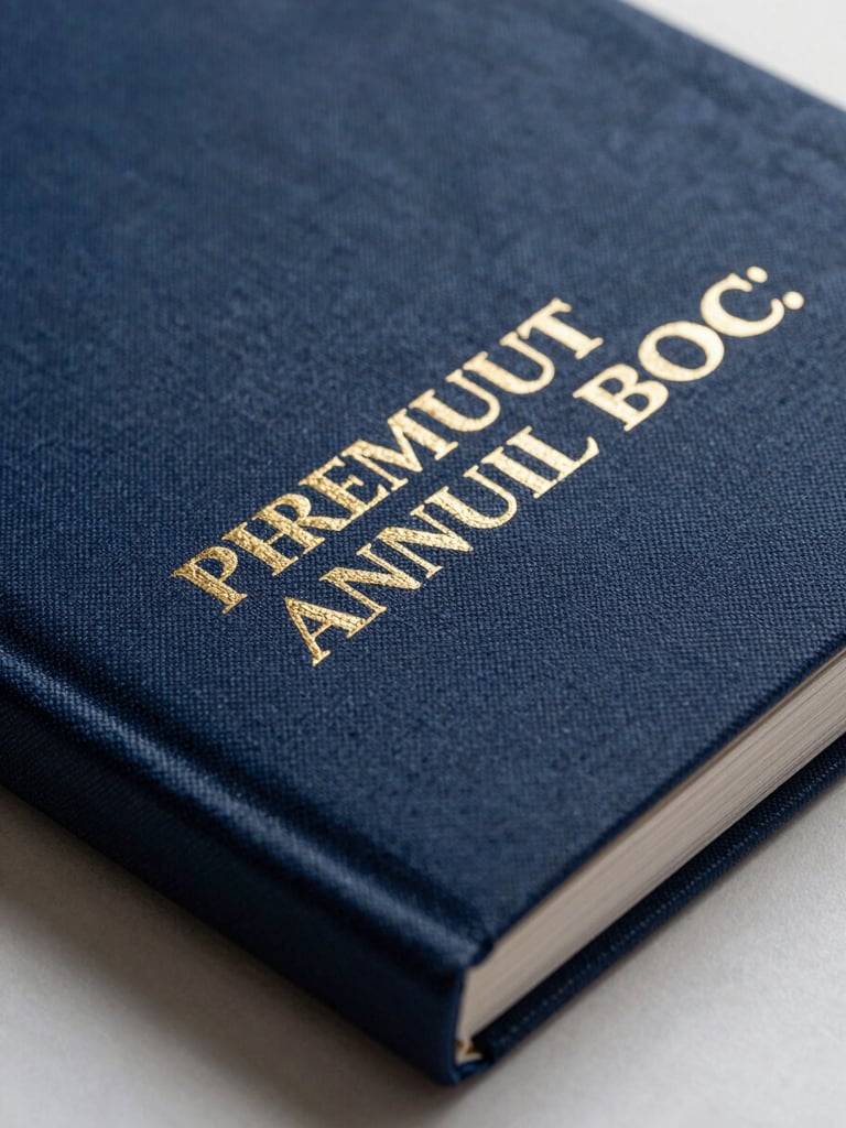 Macro close-up of a premium corporate annual report, gold foil debossing on deep navy linen cover, dramatic side lighting emphasizing texture.