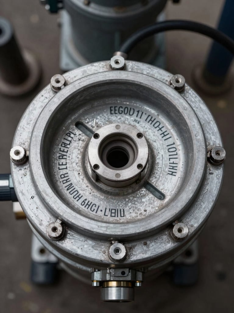 Close-up overhead view of an industrial lubrication reservoir fill port on heavy machinery, evenly lit with overcast daylight, spec markings on the equipment fully legible, no people visible