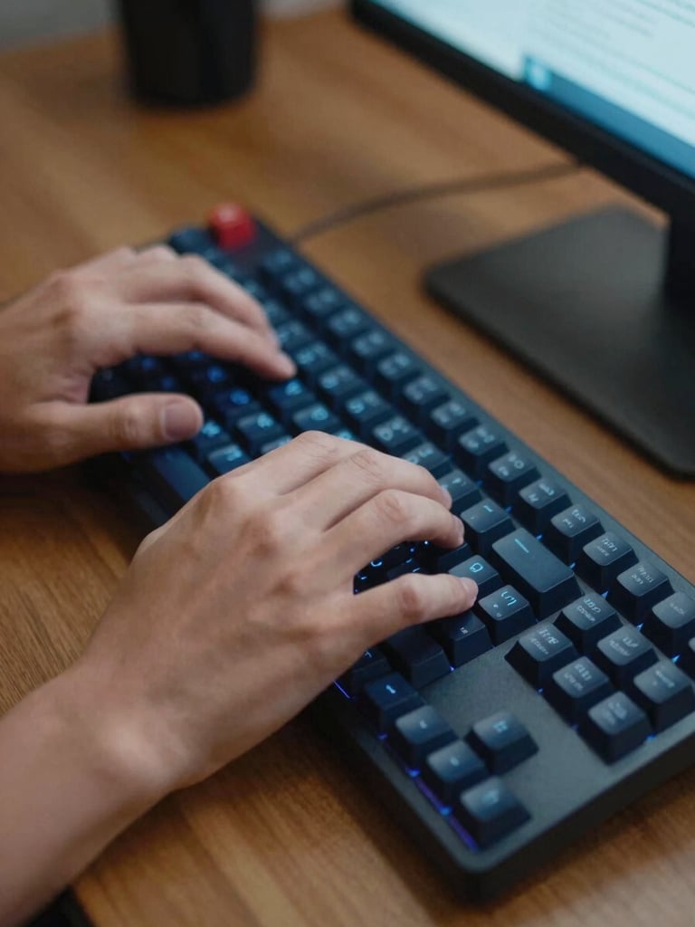 Close-up of hands typing code on a mechanical keyboard, warm ambient light, soft blue screen glow reflecting on a wooden desk, 35mm.