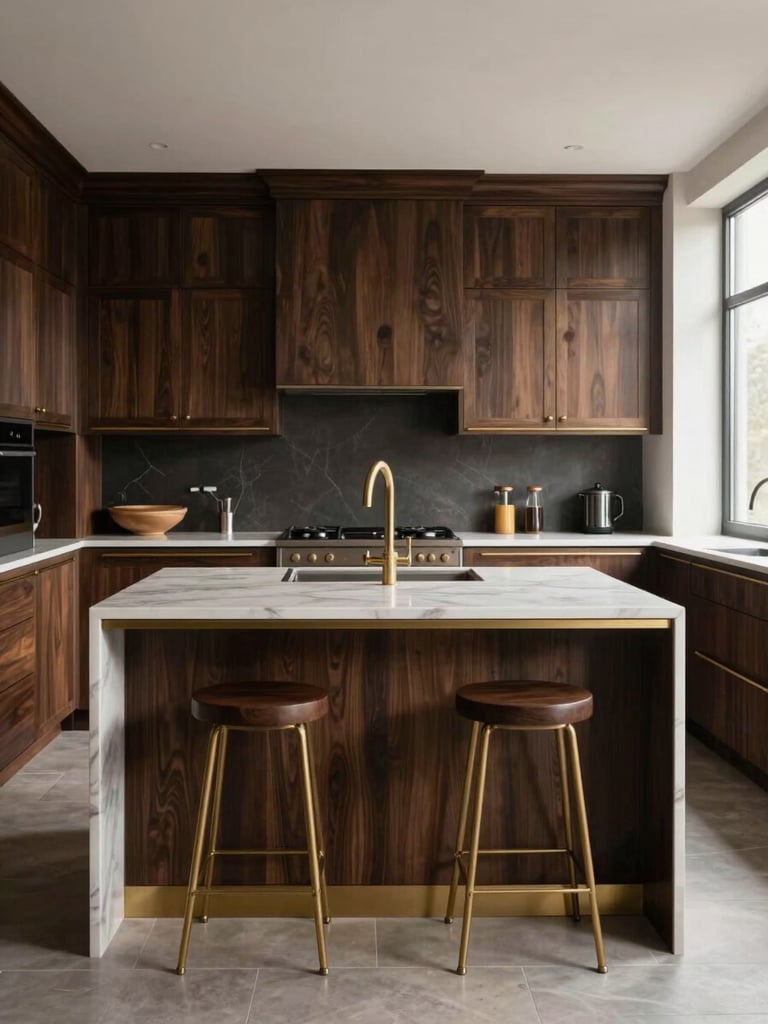 Straight-on architectural view of a luxury kitchen island, dark oak cabinetry, gold accents, soft natural light from a side window.