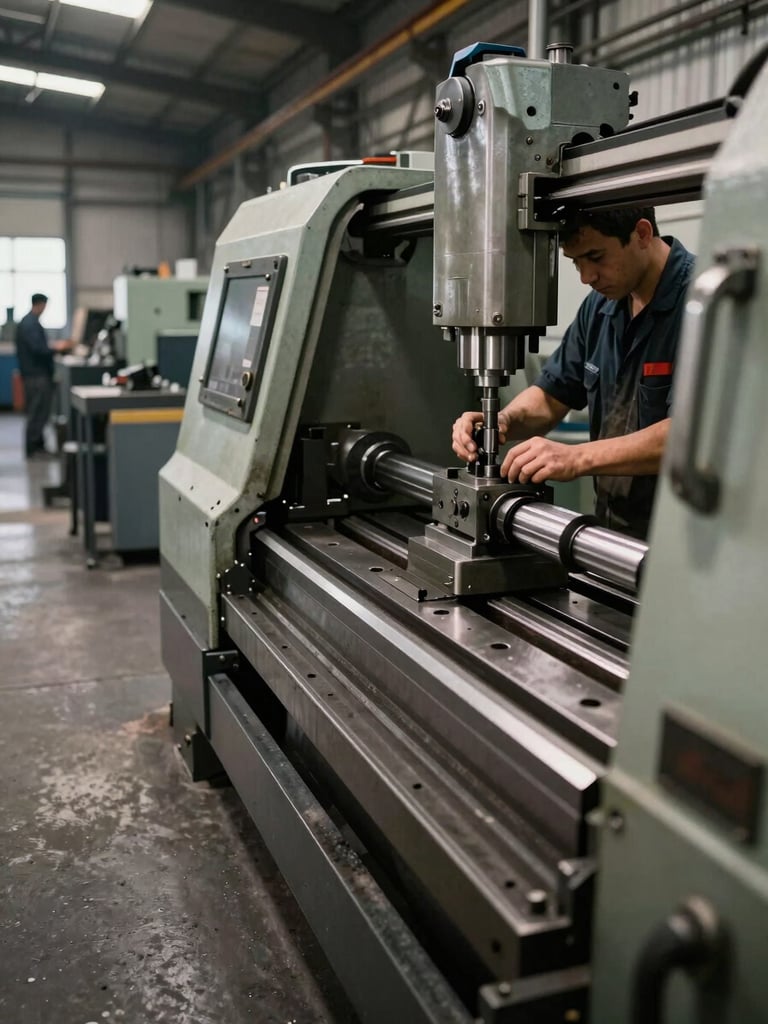 Wide factory bay shot from the left aisle, a machinist's hands adjusting a fixture on a CNC lathe in the right third, ambient north-side factory light casting soft shadows across the steel machine bed, concrete floor visible in the foreground