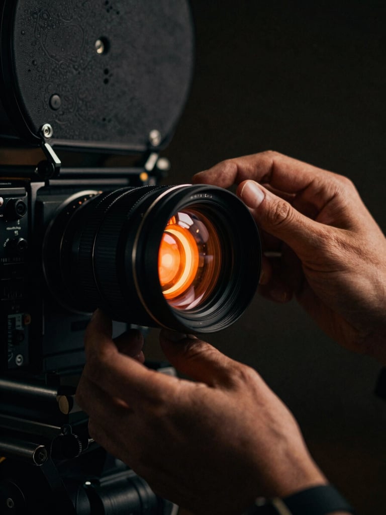 Extreme close-up of hands adjusting a cinema lens on a camera rig, dramatic low-key lighting, neon orange tally light reflection, high-contrast shadows.