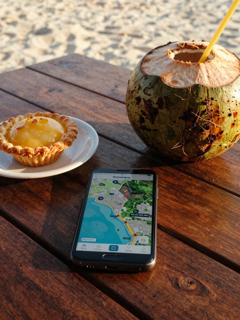 A flatlay of a smartphone displaying a map of Rio de Janeiro, next to a fresh pastel and a cold coconut on a wooden beach table, warm morning light