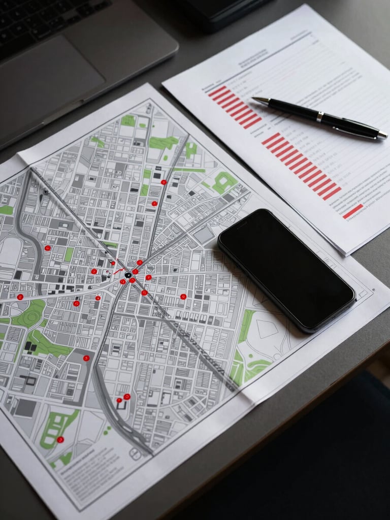 Overhead surveillance angle of a professional desk: a detailed city map with marked locations, a smartphone face-down, printed documents with redacted text, a pen resting on paper — high-contrast studio lighting, deep shadows, no faces visible