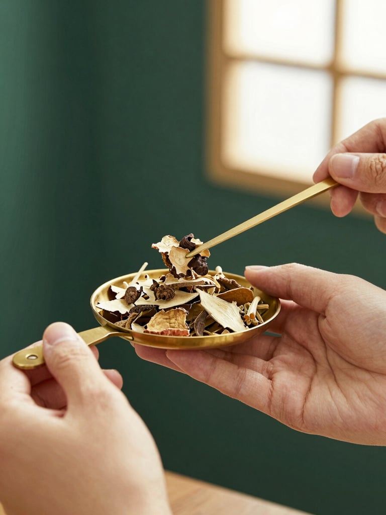 Close-up of hands measuring dried herbal botanicals on a brass scale, warm natural light, deep forest green background, professional clinical environment