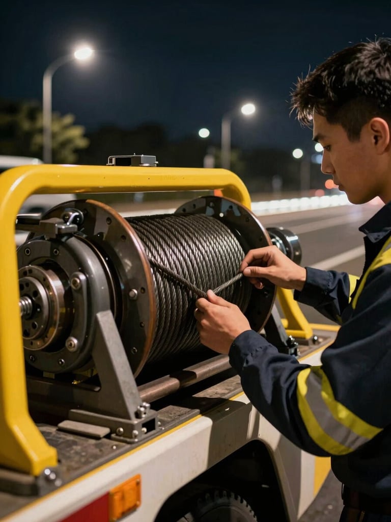 Close-up of a secure winch attachment on a vehicle recovery truck, professional uniformed technician checking the steel cable, night-time ambient streetlights, cinematic lighting.