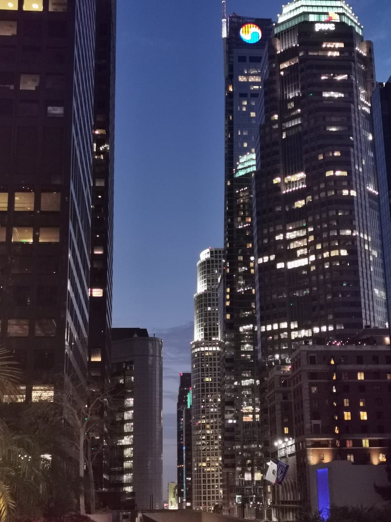 a city street scene with a traffic light at night