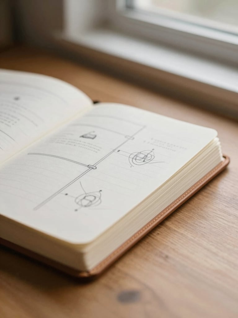 A close-up of a structured leather notebook with clean diagram sketches, resting on a warm wooden desk in soft window light