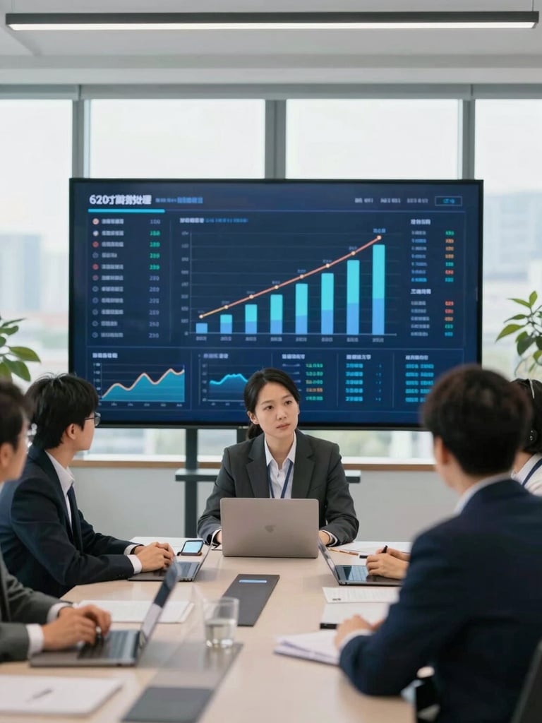 A professional meeting in a modern office, showing a digital dashboard with growth metrics in the background, bright natural daylight, crisp focus, professional editorial style.