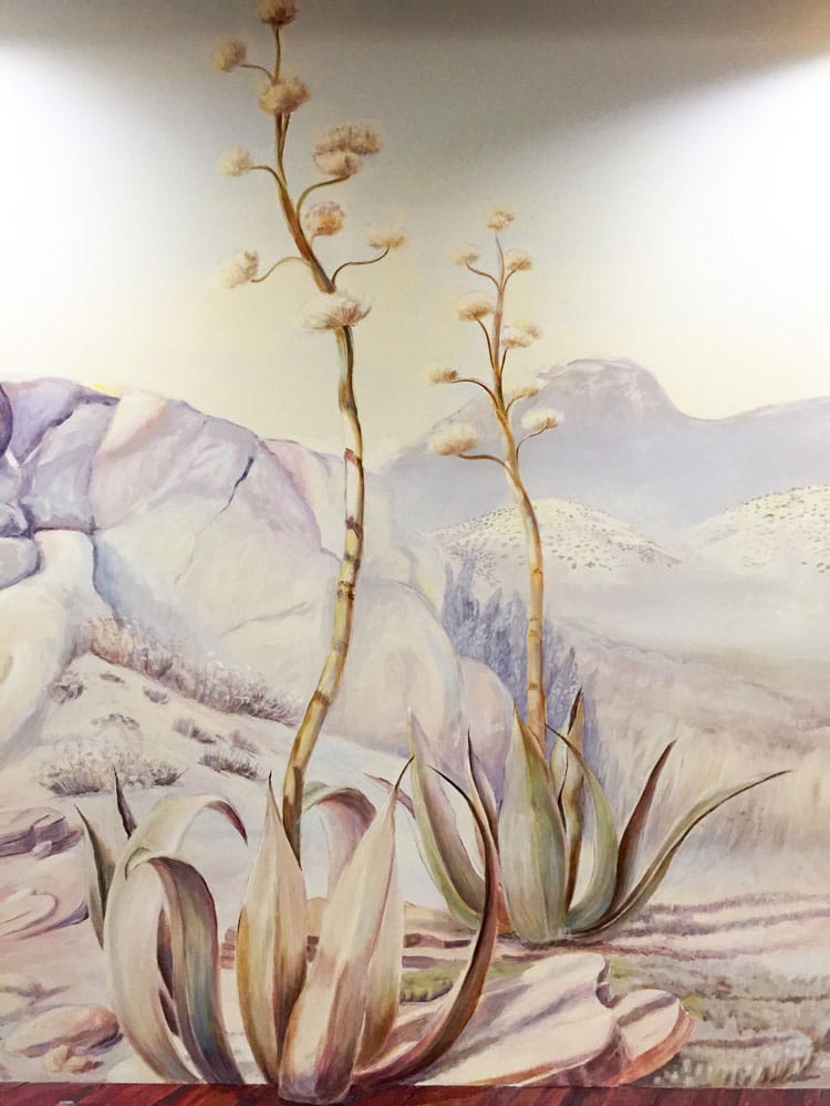 Hand-painted blooming agave mural, Mojave desert, morning light, by House of Lyria