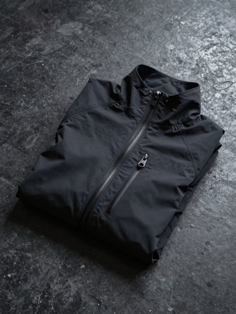 Overhead flat-lay of a Stormtech softshell jacket folded on a dark charcoal warehouse floor, even overcast studio light, silver zipper pulls in sharp focus, no text or graphics visible, deep shadow at the left edge