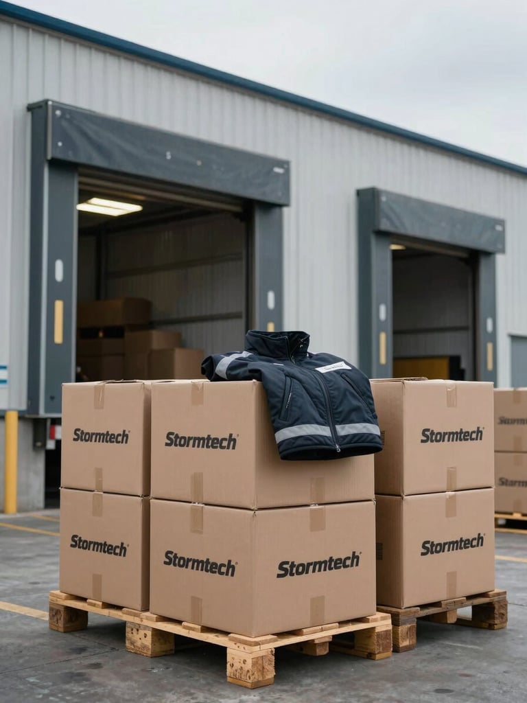 Wide shot of a corporate warehouse loading dock under flat overcast daylight, branded cardboard cartons stacked on pallets in the foreground, a single Stormtech-branded jacket visible folded on top of one open box, cold industrial light, no people