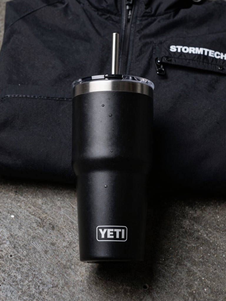 Close-up overhead shot of a matte black Yeti tumbler and a folded Stormtech jacket laid flat on a dark concrete surface, even studio lighting with sharp shadows, no warmth, product labels visible at the edges