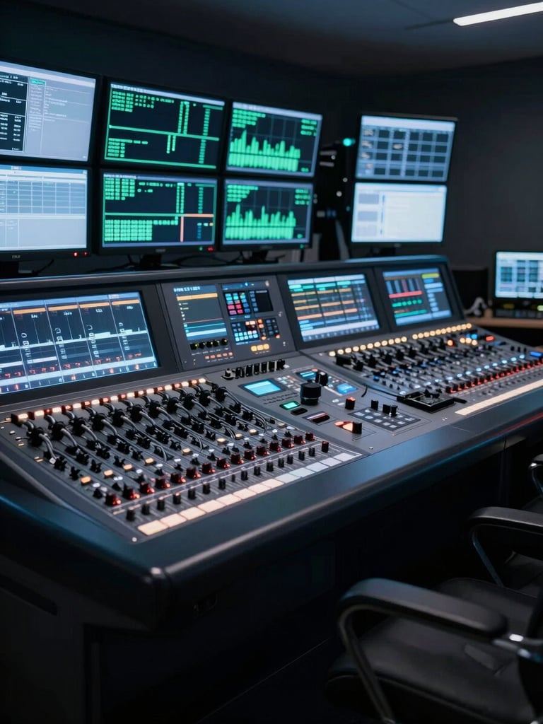 Wide shot of a professional broadcast control room, mixing console illuminated by monitor glow and rack-mounted signal processors, deep blue-black ambient light, no people visible, cables routed with precision, latency readouts visible on screens in background