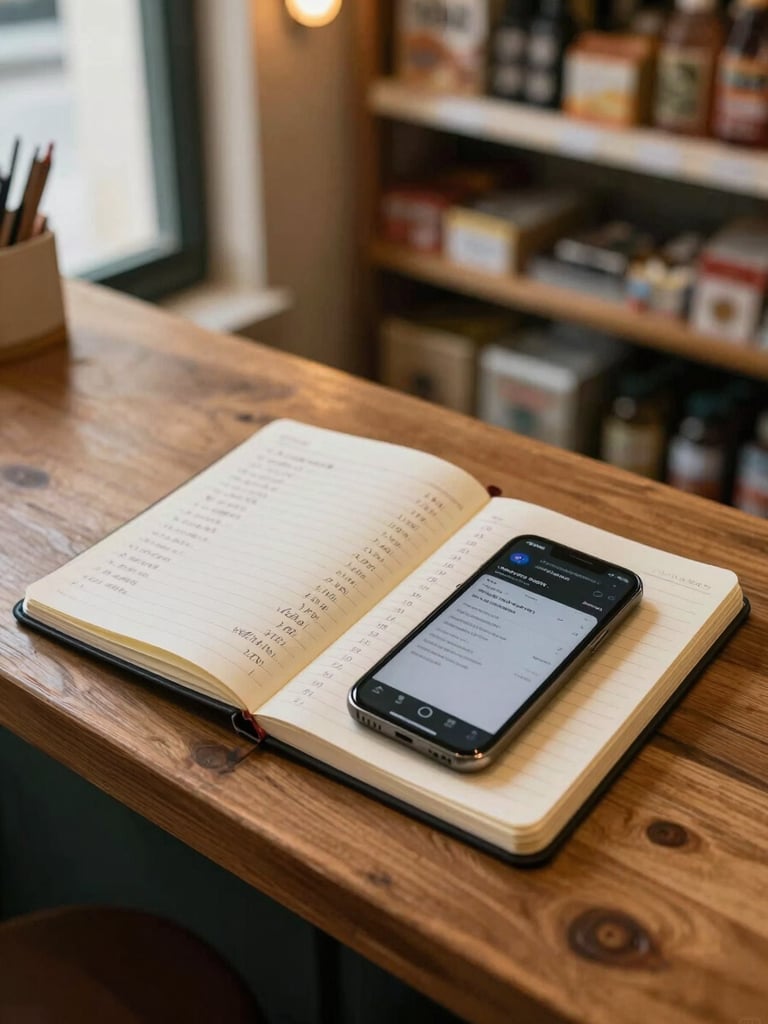 Close-up overhead of two small notebooks open side by side on a wooden counter, each with handwritten daily totals, a phone screen showing a split-view app between them, overcast window light from the left, warm tungsten glow from above, Cuban shop shelving visible out of focus in the background