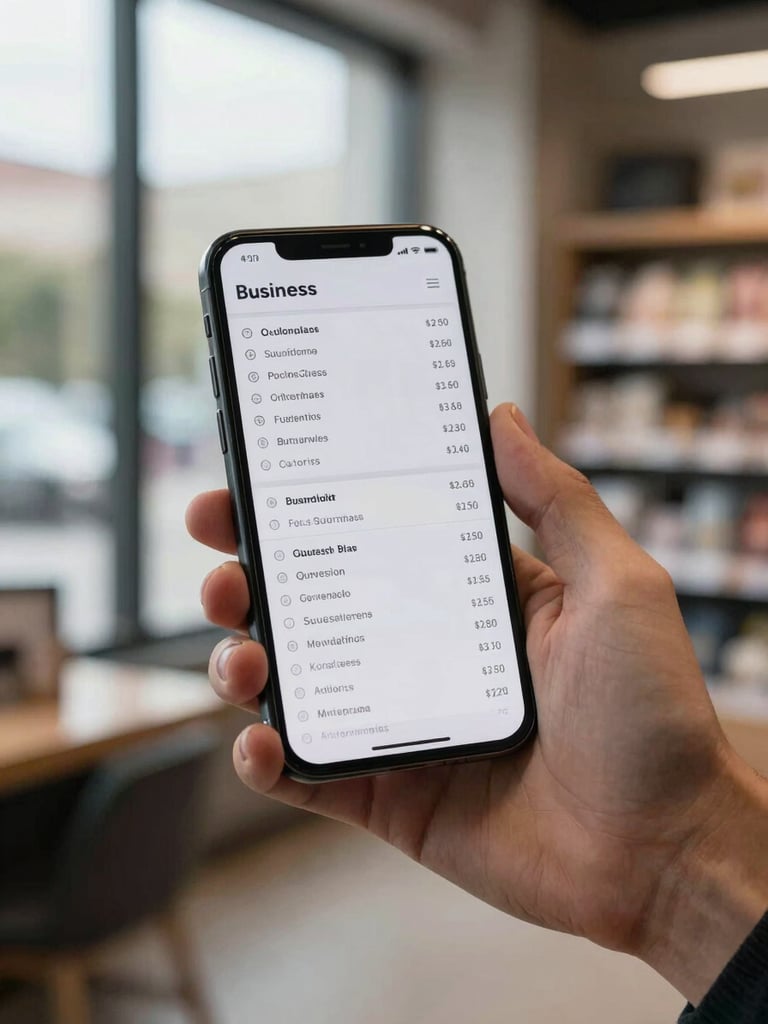 Hands holding an Android phone showing a list of two business names with separate totals on screen, natural overcast daylight from a nearby window, blurred shop shelves in the background, close-up framing of the phone mid-task