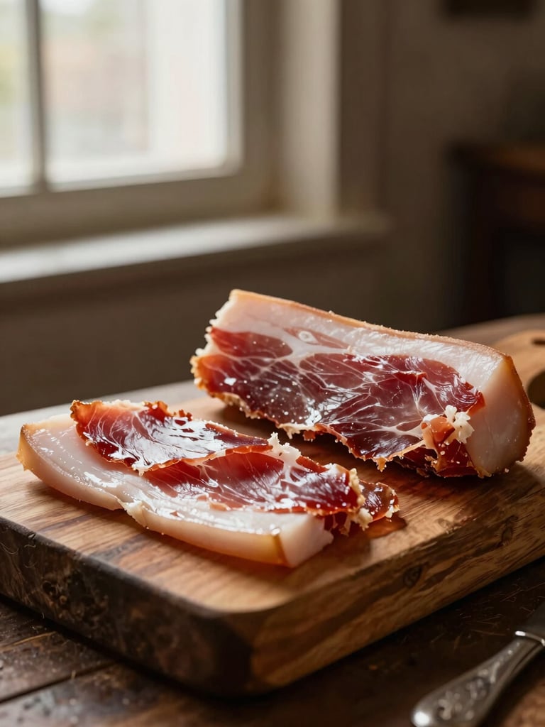 Artisanal dry cured ham, thinly sliced on a rustic wooden block, glistening fat, warm natural light, moody background, shallow depth of field, 35mm.
