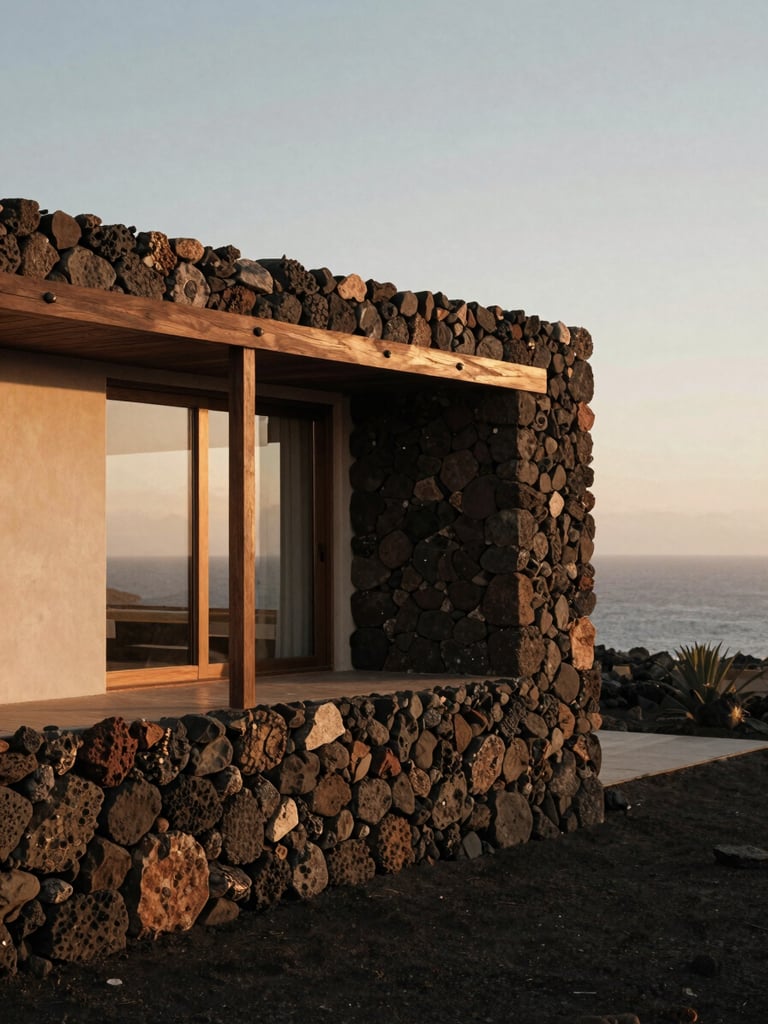 Architectural detail of a modern Canarian villa, soft golden-hour side-lighting on raw volcanic stone and dark wood, warm coastal haze, 35mm film aesthetic.