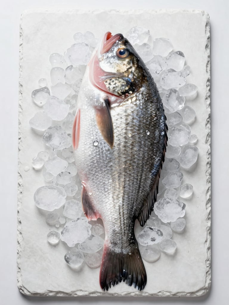 Overhead flat-lay on white slate: a whole fresh fish centered on a bed of crushed ice, water droplets visible on silver scales, cool diffused studio lighting, clinical precision, no warmth, no garnish
