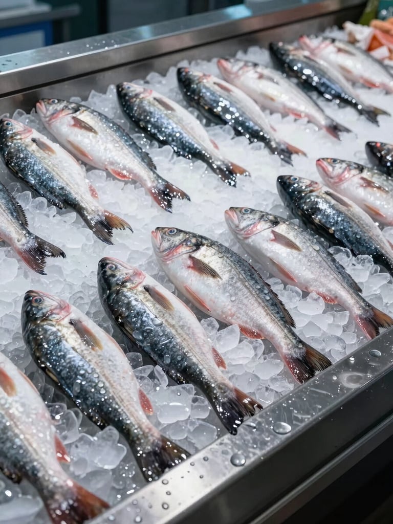 Wide environmental shot of a professional fishmonger display counter: whole fish resting on a thick bed of crushed ice under cool overhead lighting, water droplets glistening on skin, stainless steel counter edge visible at bottom, no people, no warmth, clinical and precise