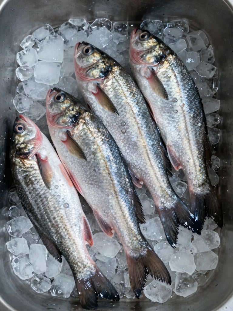 Extreme close-up overhead flat-lay of whole fresh fish arranged on crushed ice over stainless steel, water droplets visible on silver scales, cool diffused studio light rendering every texture with clinical precision — no warmth, no shadow, no staff