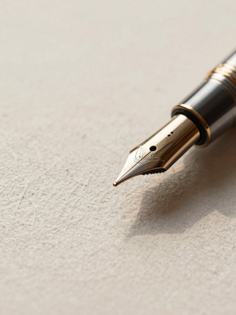 Macro portrait of a luxury fountain pen tip resting on heavy textured cotton paper, soft lateral warm light casting long shadows, minimalist composition with negative space on the left