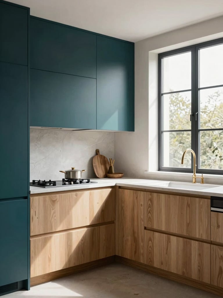 A bright, modern architectural kitchen with custom deep teal cabinetry and warm sand oak detailing, daylight streaming through a large window, highly detailed.