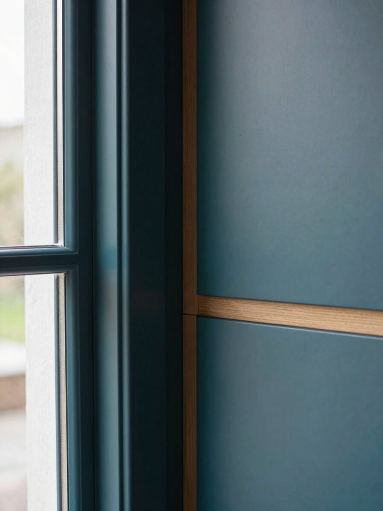 Portrait close-up of a perfectly aligned wood joint in a custom kitchen cabinet, natural window light, architectural interior photography