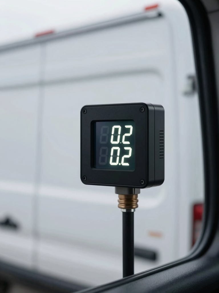 Interior of a clean transport vehicle showing a digital temperature sensor glowing at exactly sixty-two degrees, high-contrast technical focus.