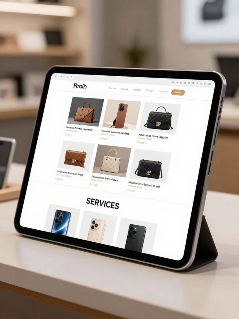Tablet screen showing a clean storefront web page with product thumbnails and a services section below, placed on a retail counter, bright ambient light, no visible brand names