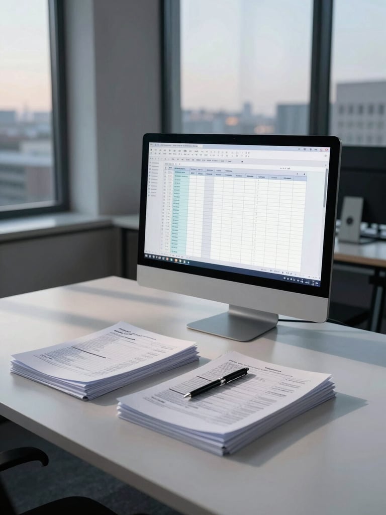 Wide shot of a minimalist office desk at pre-dawn, single monitor glowing with a spreadsheet, a neat stack of tax documents and a pen resting on top, cool north-facing window light casting long shadows across the surface