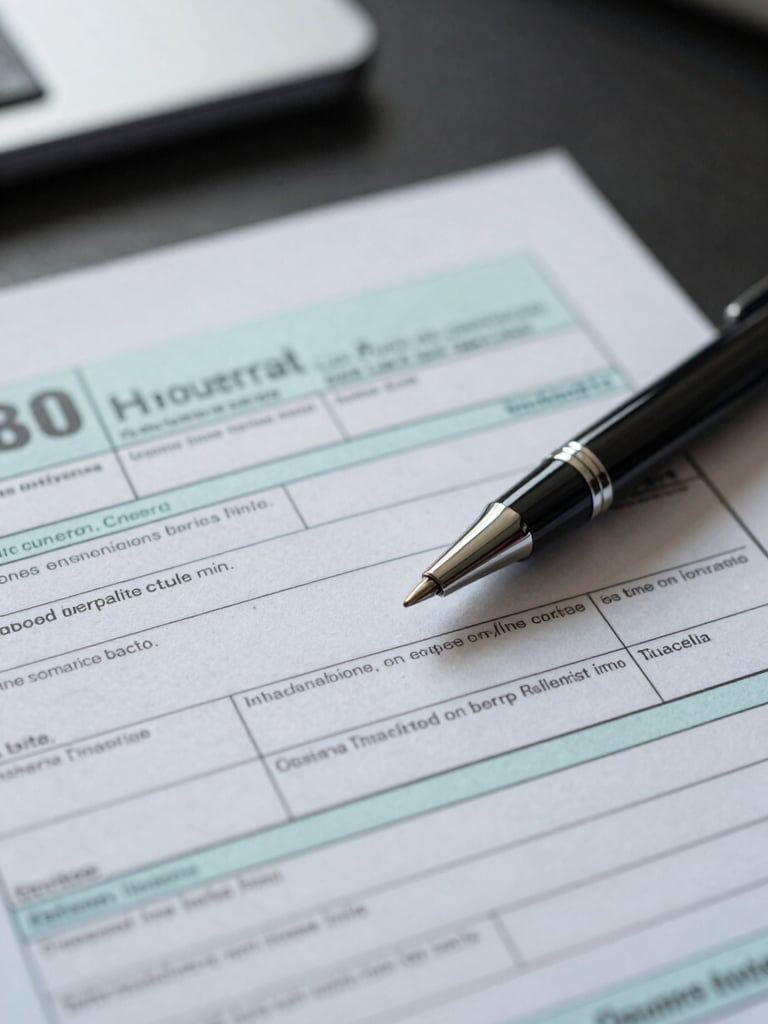 Extreme close-up of a printed Chilean tax form on a dark desk, a ballpoint pen resting on a line of figures, cool north-facing daylight from the left, shallow depth of field, no people