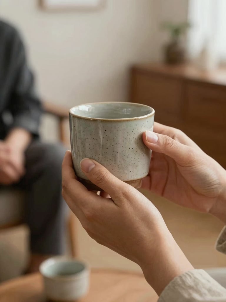 A quiet, warm-toned close-up of hands holding a textured ceramic cup in a softly lit consultation room