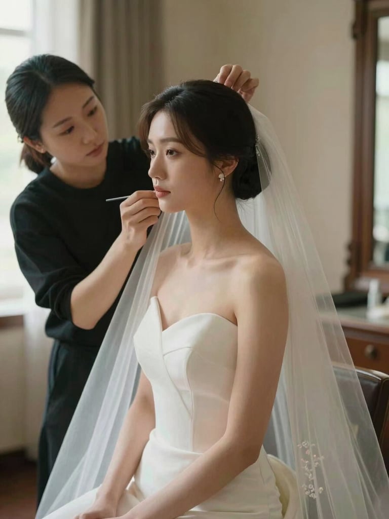A professional stylist gently adjusting the veil of a bride-to-be, warm natural light, elegant and quiet setting.