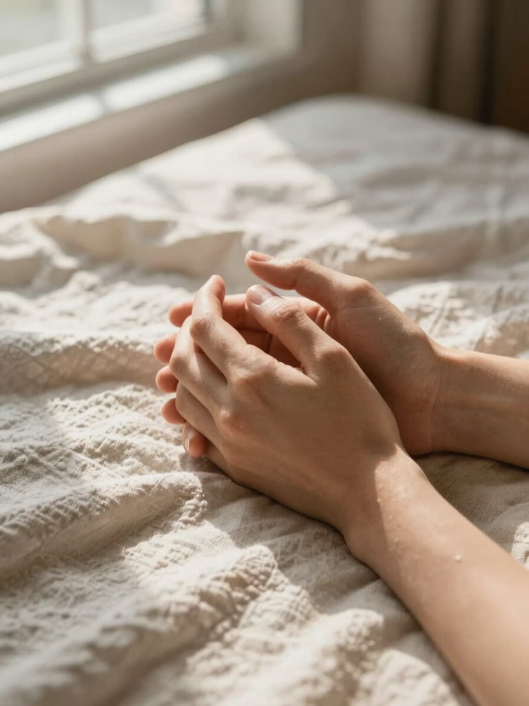 A quiet, comforting scene of hands gently holding hands on a soft linen blanket, warm natural light, shallow depth of field