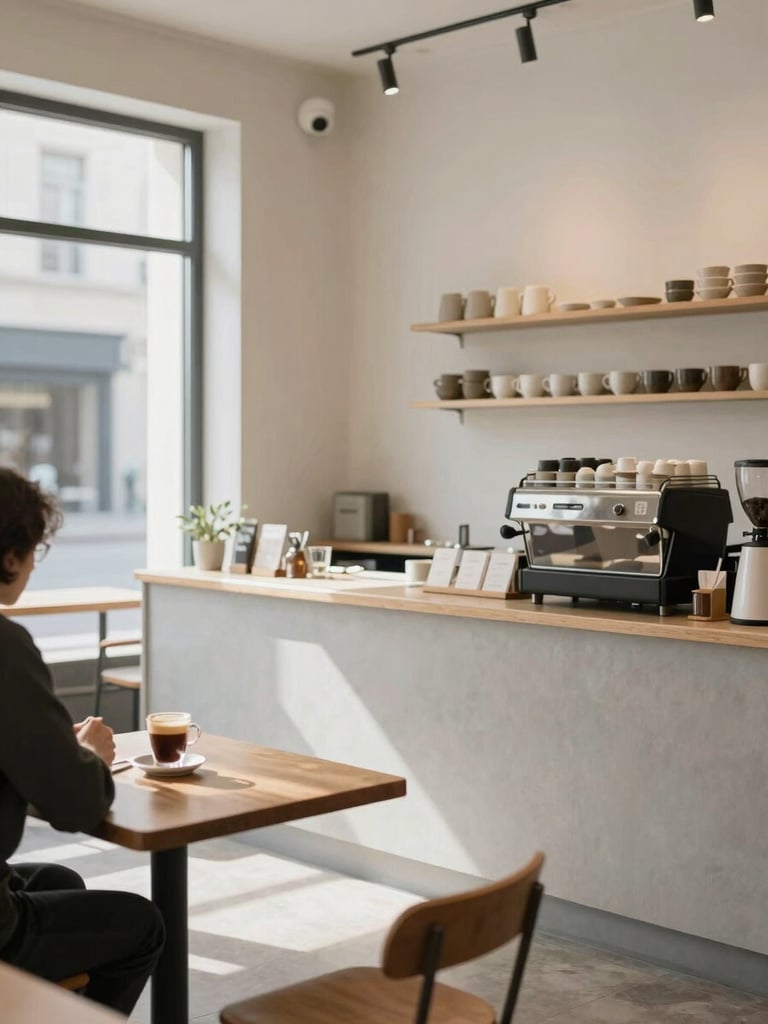 Wide interior shot of a minimal Nordic-influenced café counter, a single adult seated at a wooden table with a cortado in the foreground left, organized shelves with ceramic cups in the background right, natural daylight from a large window, no staff visible, calm and still