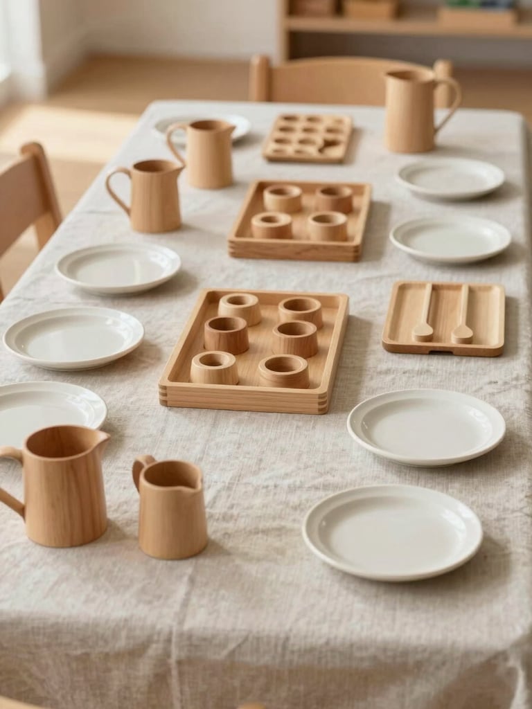 Wide environmental shot from child's eye level: wooden Montessori materials — small pitchers, sorting trays, ceramic plates — arranged on a natural linen tablecloth, ready for use. North-facing daylight from the left. No people, no decoration, no balloons. Calm and organized.