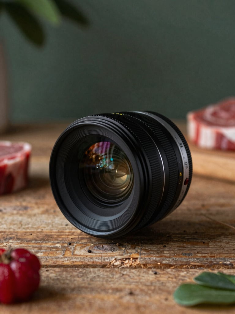 Close-up of a high-end cinema camera lens positioned over a rustic wooden table with raw ingredients, soft Scandinavian natural light, deep shadows, 35mm.