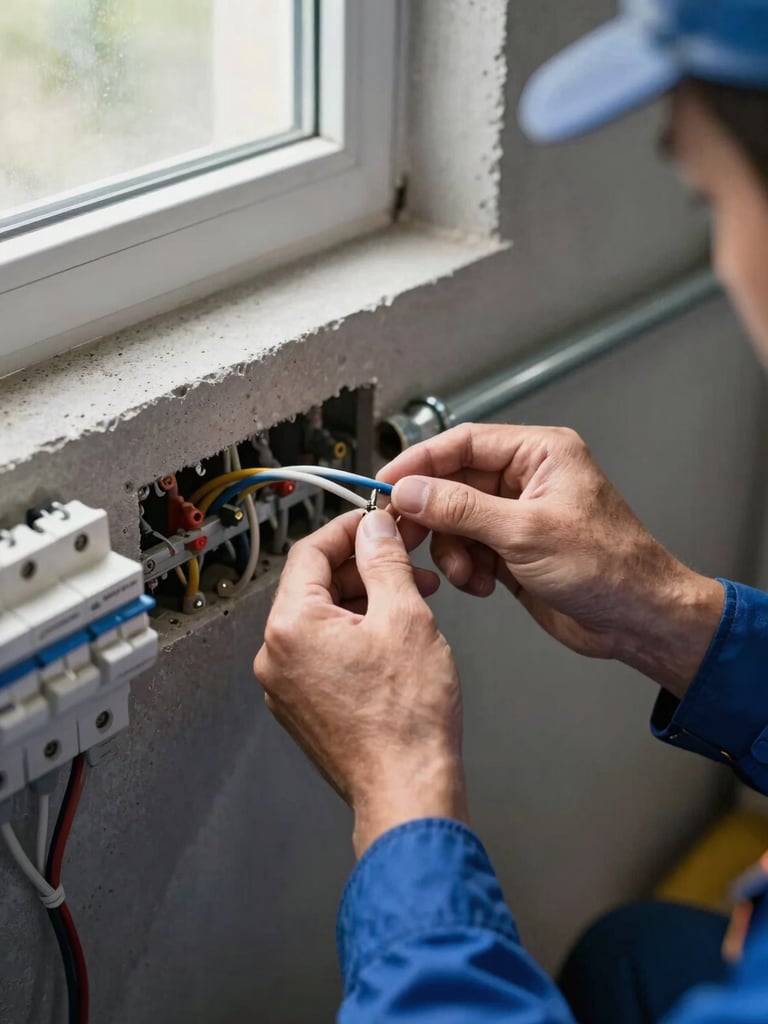 Close-up overhead shot of an electrician's hands routing cables through a metal conduit on a concrete wall, morning light from a high window, coiled wire and labelled breakers visible at the edge of the frame