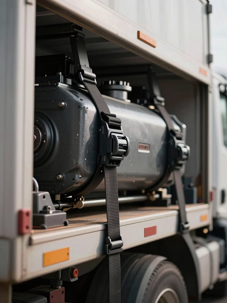 Close-up macro shot of cargo straps securing industrial machinery inside a modern freight truck, high-contrast dramatic lighting