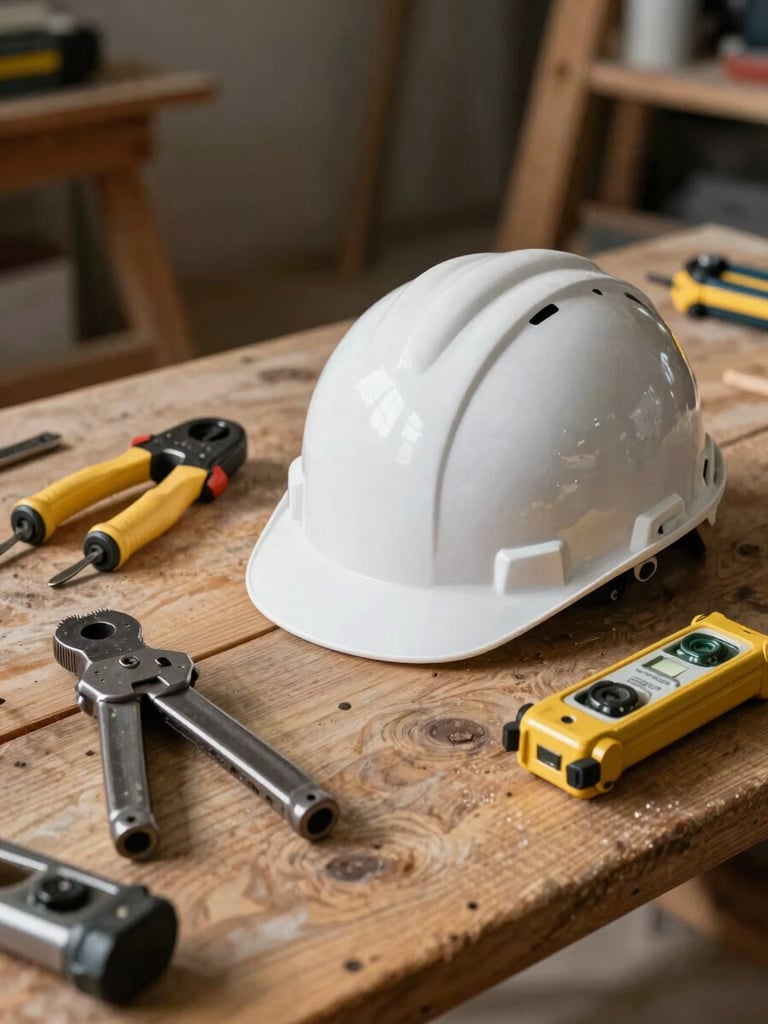 Plan d'architecte posé sur une table de chantier en bois brut, casque de sécurité blanc, outils de mesure en acier, lumière latérale contrastée.